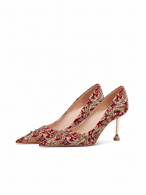 Bridal chinese wedding heels red brocade floral embroidered pointed toe stiletto pumps with pearl charm for cheongsam qipao bride embroidery and pearl detail