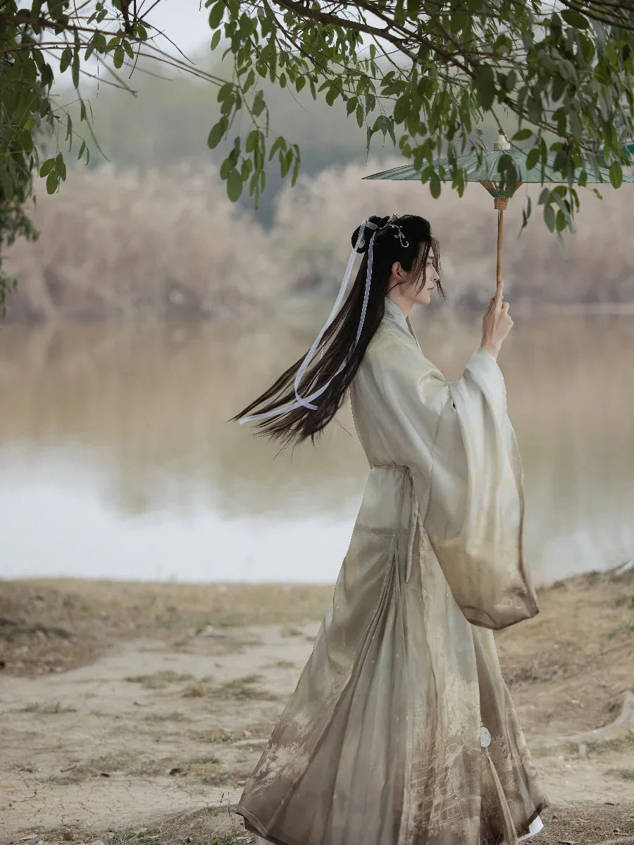 Bright moon light breeze printing smudges hanfu ming made taoist robes for men traditional outfit fabric detail
