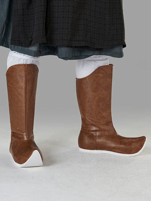 Brown leather pointed toe hanfu boots waterproof traditional men shoes ming and song dynasty inspired design for men leather and toe detail