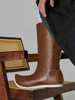Brown leather waterproof hanfu boots traditional men shoes ming and song dynasty inspired pointed toe design for men back view