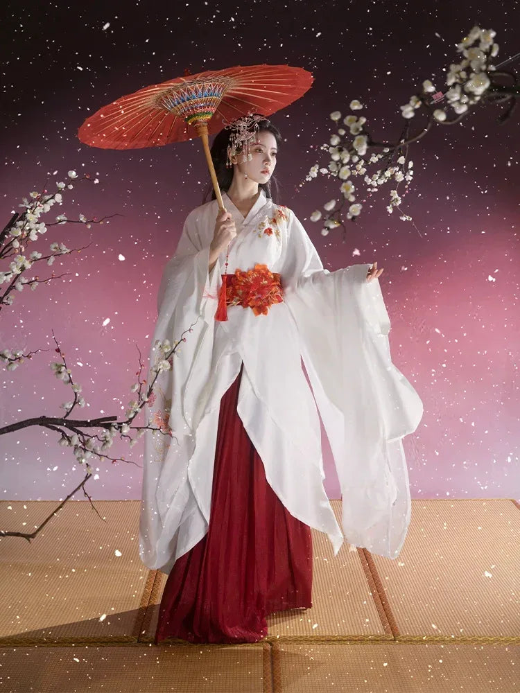 White Hanfu | Camellia Snow Battle-Robe Embroidered Warring States Set ...