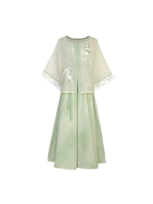 Casual everyday modern hanfu white wide sleeve top and sage green wide leg pants chinese style set for women fabric detail