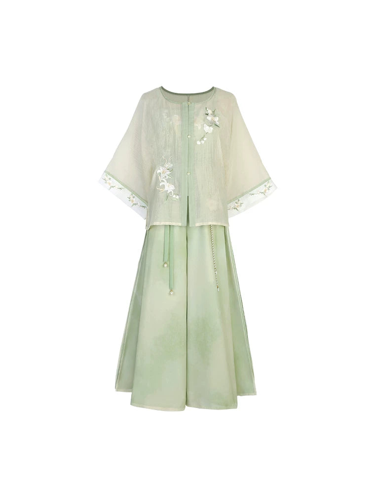 Casual everyday modern hanfu white wide sleeve top and sage green wide leg pants chinese style set for women fabric detail