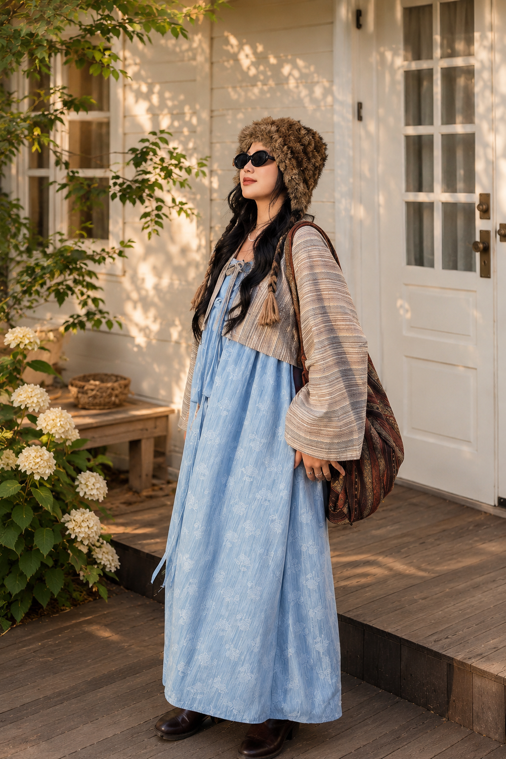 Casual lazy style modern hanfu light blue fringe shoulder slip maxi dress with knit cardigan for women fringe detail