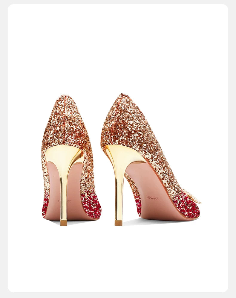 Champagne gold red glitter chinese wedding heels gradient pointed toe stiletto pumps with 3d floral detail bridal shoes for bride back view
