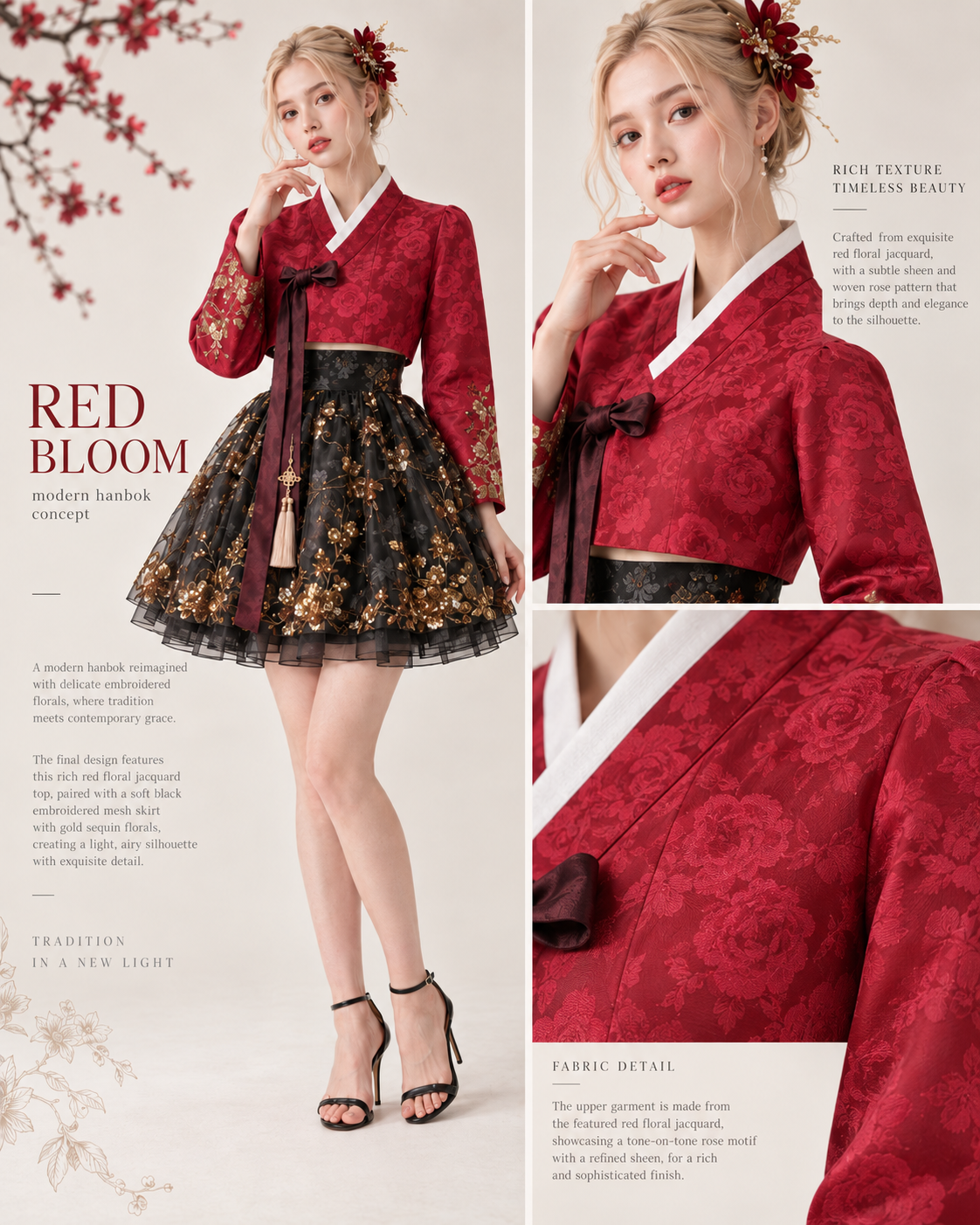 Red Bloom design board showing the red floral jacquard texture, crossover collar and black gold floral skirt