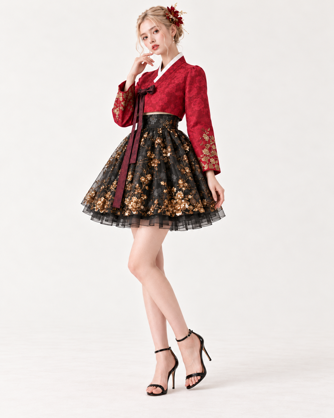 Three-quarter view of the Red Bloom concert Hanbok with long red sleeves and gold floral skirt