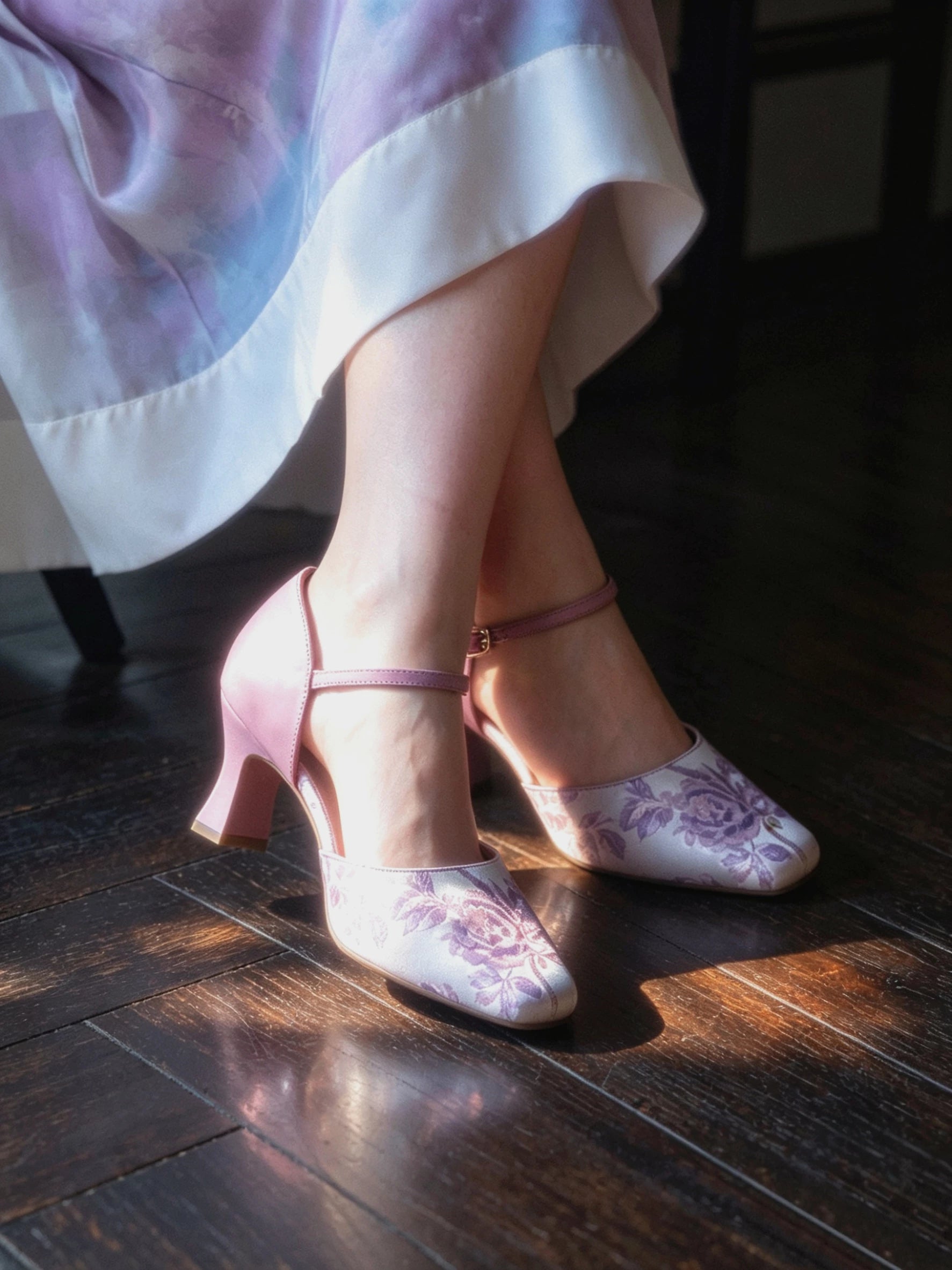 Cheongsam heels pink lace floral t strap stiletto pumps chinese style wedding bridal shoes for qipao and hanfu women front view