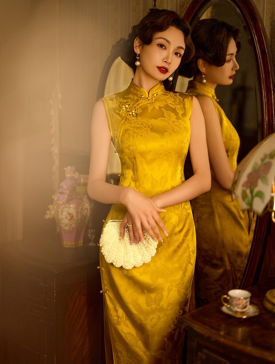 Cheongsam Qipao | Golden Yellow Satin Sleeveless Slim Maxi Dress with Floral Brooch Vintage Elegant Style for Women

