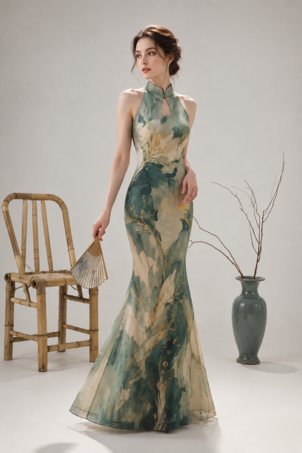 Cheongsam qipao ink wash landscape print sleeveless mermaid maxi dress with mandarin collar modern chinese art style for women front view