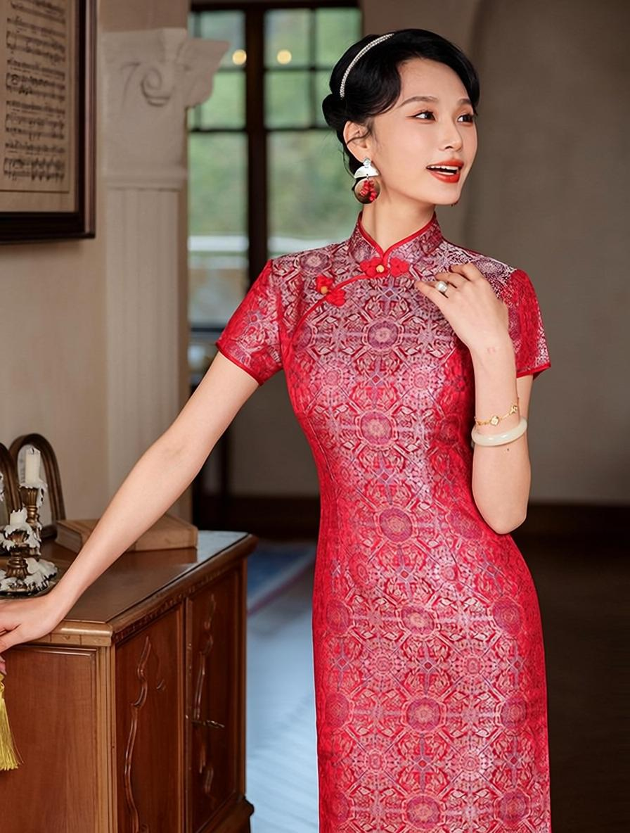 Cheongsam qipao red lace short sleeve slim maxi dress with mandarin collar vintage elegant style for women front view