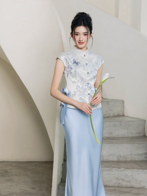 Cheongsam qipao set white 3d floral sleeveless top and light blue high waist mermaid skirt modern elegant for women front view