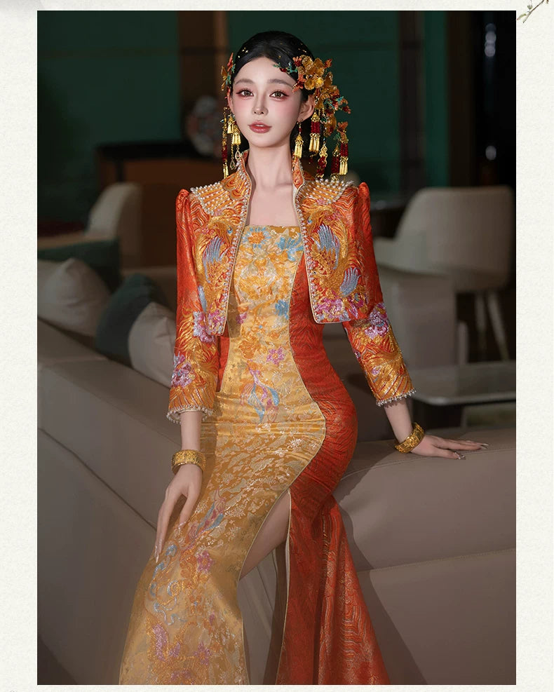 Cheongsam Xiuhe Clothing Orange Trailing Bridal Wedding Dress Chinese Yandan_Hanfu Cheongsam Xiuhe Clothing Orange Trailing Bridal Wedding Dress Chinese Yandan_Hanfu