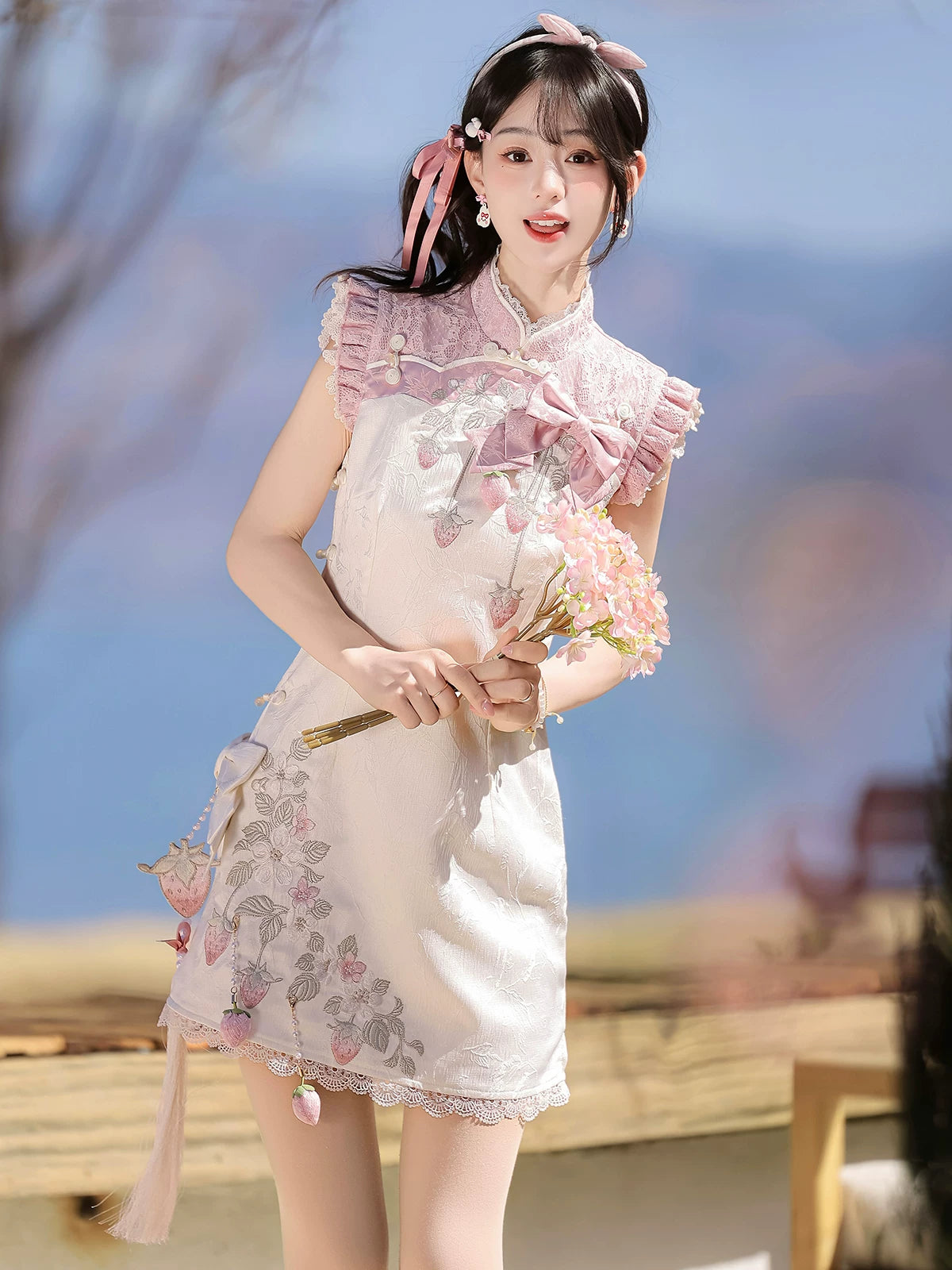 Modern improved cheongsam strawberry dress with new Chinese style design and hanfu element for daily wear
