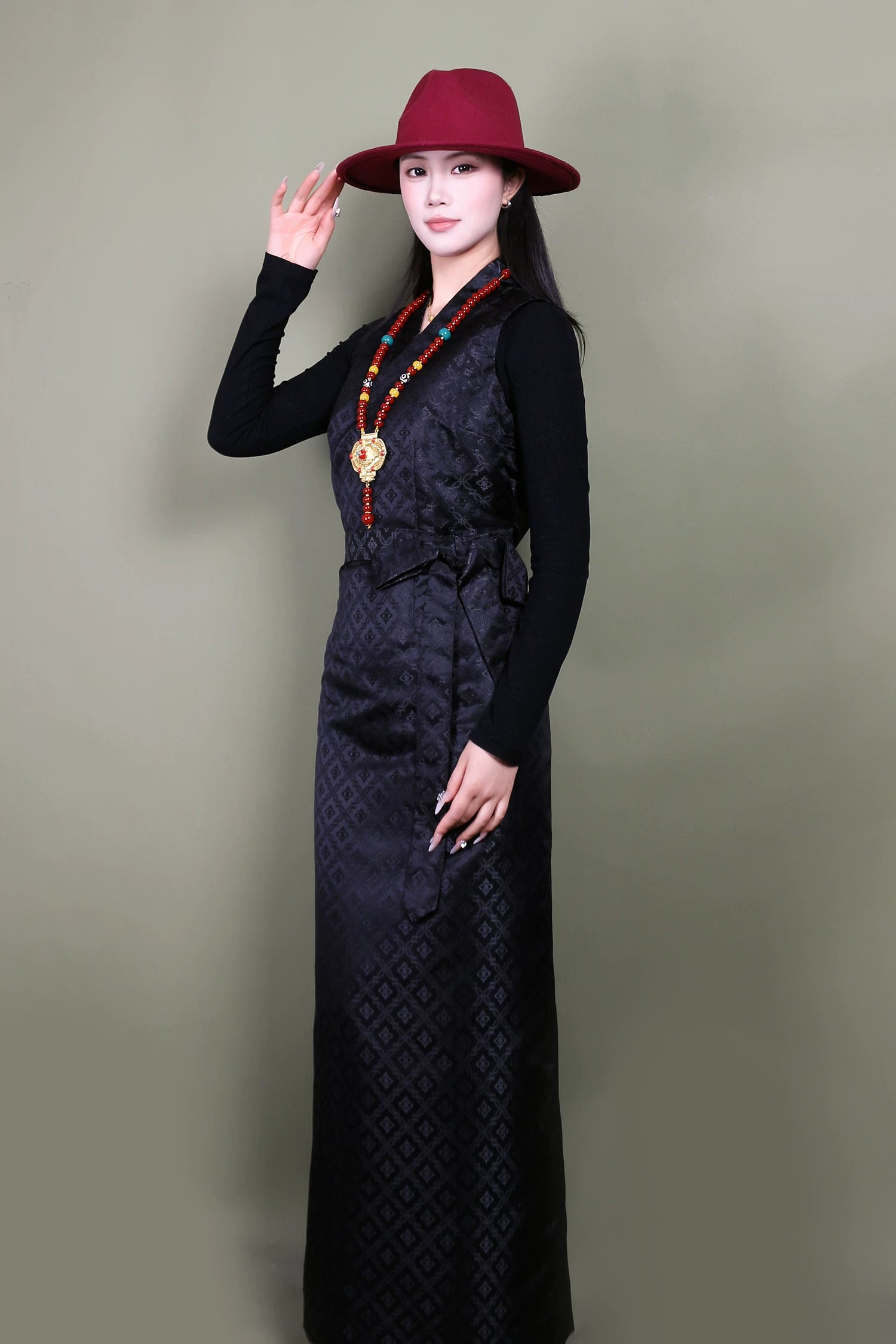 Colorful tibetan women sleeveless kangba bola skirt traditional ethnic dance performance costume for women full length view
