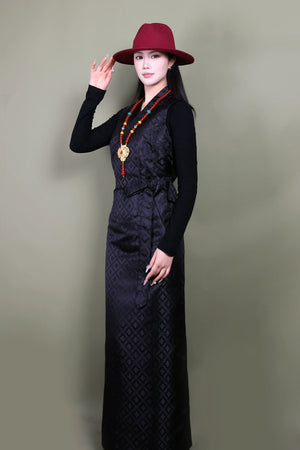 Colorful tibetan women sleeveless kangba bola skirt traditional ethnic dance performance costume for women full length view