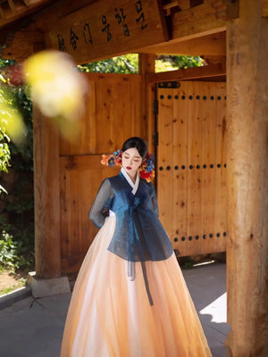 Colorful blue and orange hanbok dress for women – modern Korean palace-style traditional costume with flowing skirt, perfect for dance, events，performance, stage shows, and photoshoots