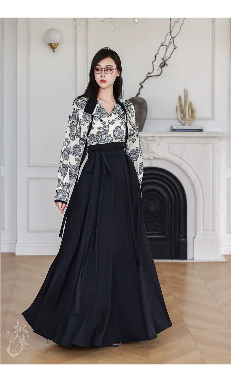 Comfortable flower branch ink hanfu set soft cotton linen stand collar shirt paired with black 6 meter pleated skirt full length view