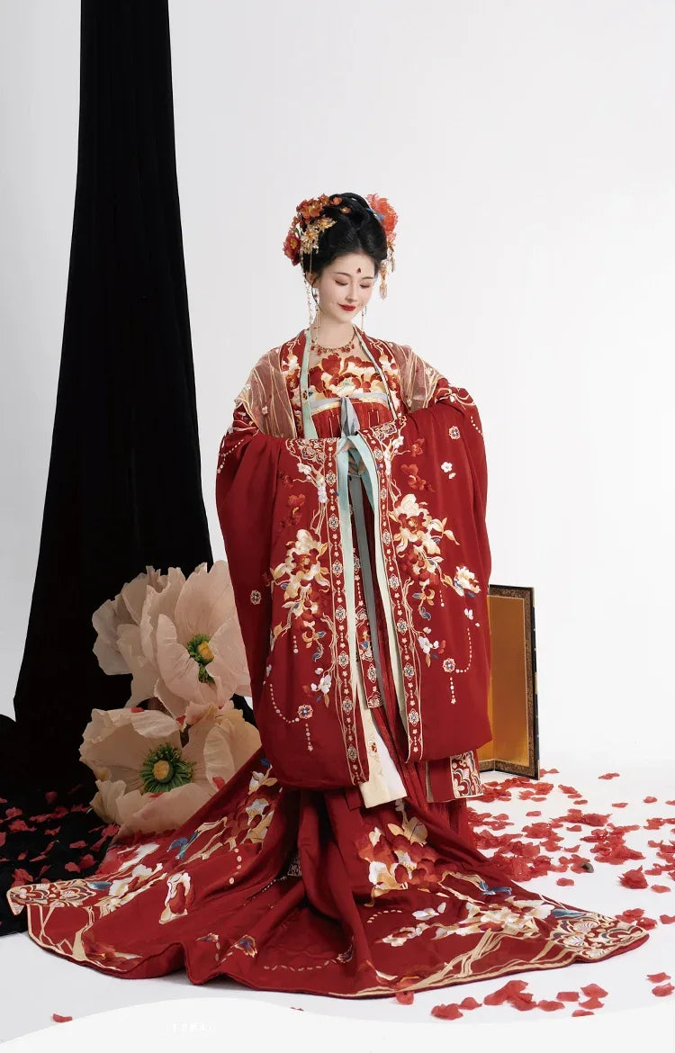 Complete authentic tang style bridal set custom embroidered red gown with flowing grand sleeves for bride full length view