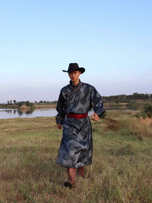  Complete black mongolian inspired set modern ethnic daily wear robe for men full length view