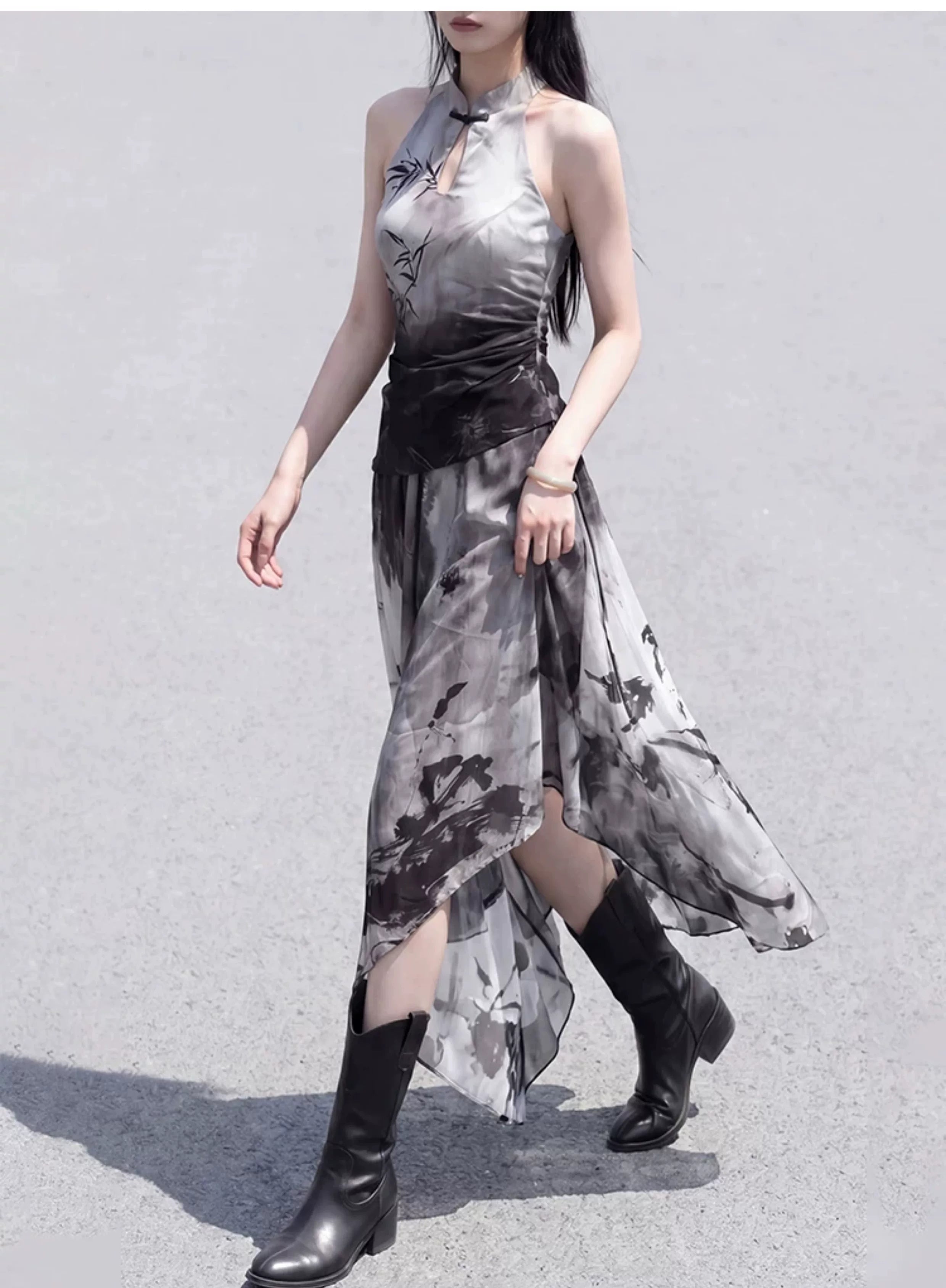 Complete black white new chinese set ink bamboo cut shoulder top with ink smudge asymmetrical skirt for versatile women full length view


