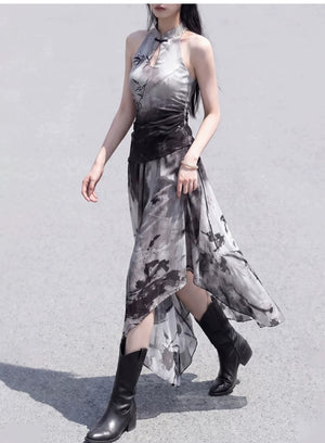 Complete black white new chinese set ink bamboo cut shoulder top with ink smudge asymmetrical skirt for versatile women full length view

