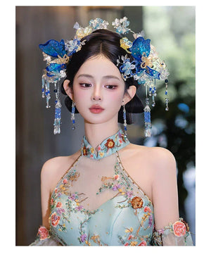 Complete blue floral chinese hairpin set elegant bridal headpiece for hanfu qipao wedding full length view