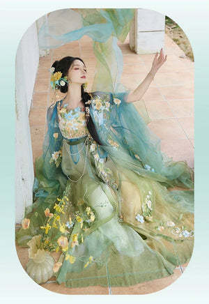 Complete blue and green hanfu set large sleeve shirt embroidery spring and summer full length view