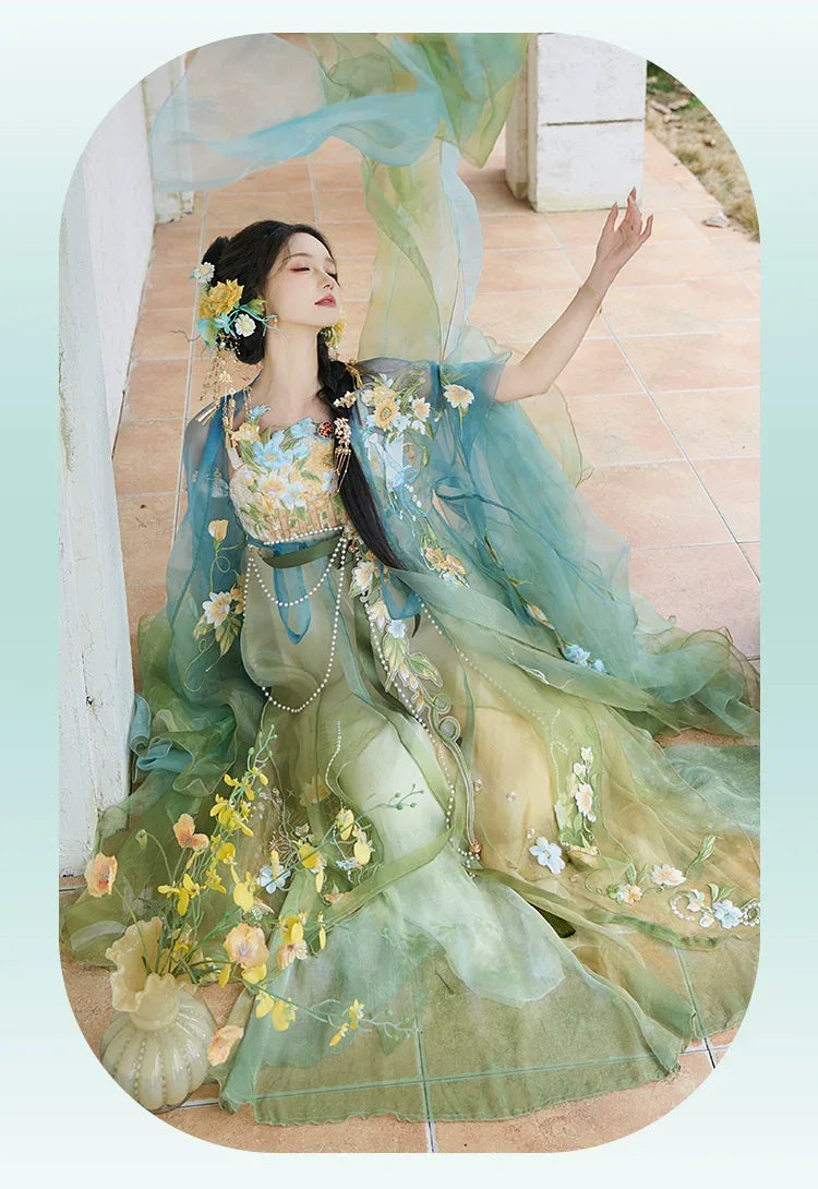 Complete blue and green hanfu set large sleeve shirt embroidery spring and summer full length view
