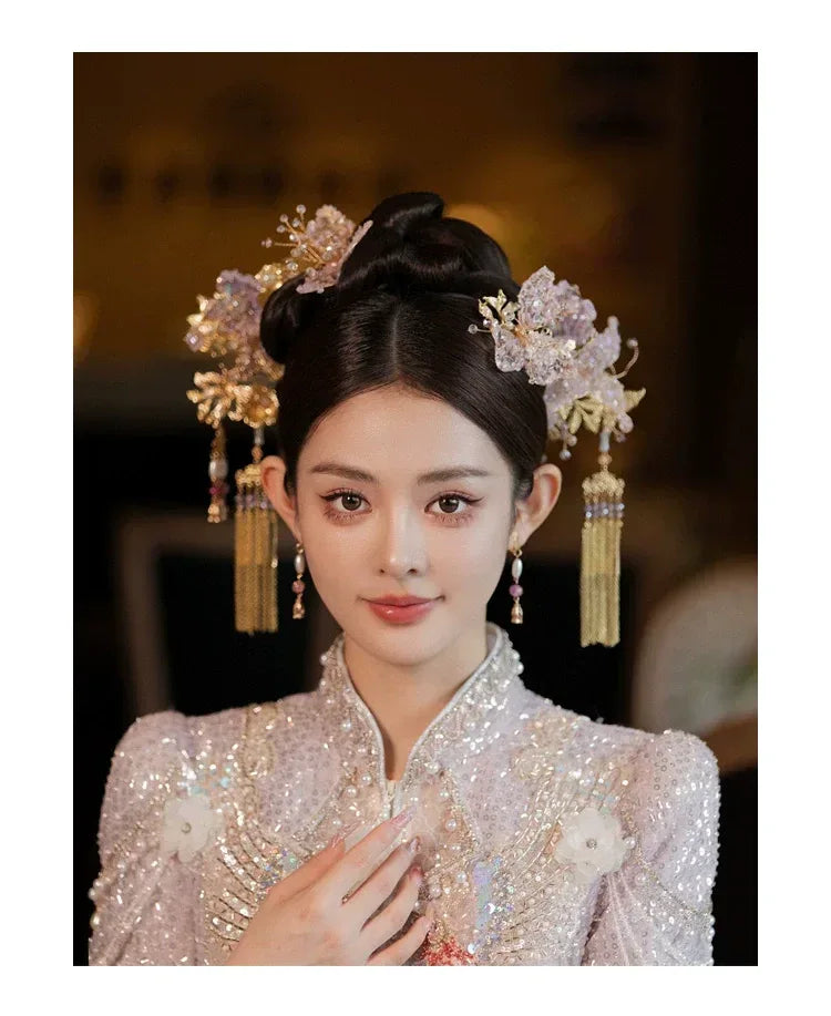 Complete blush pink chinese bridal set handmade floral headpiece for hanfu qipao wedding style full length view