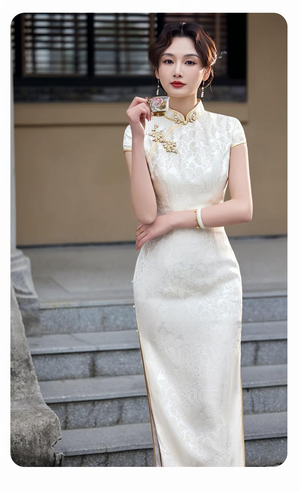 Complete cheongsam set ivory white short sleeve slim maxi dress with side slit mandarin collar modern elegant qipao full length view