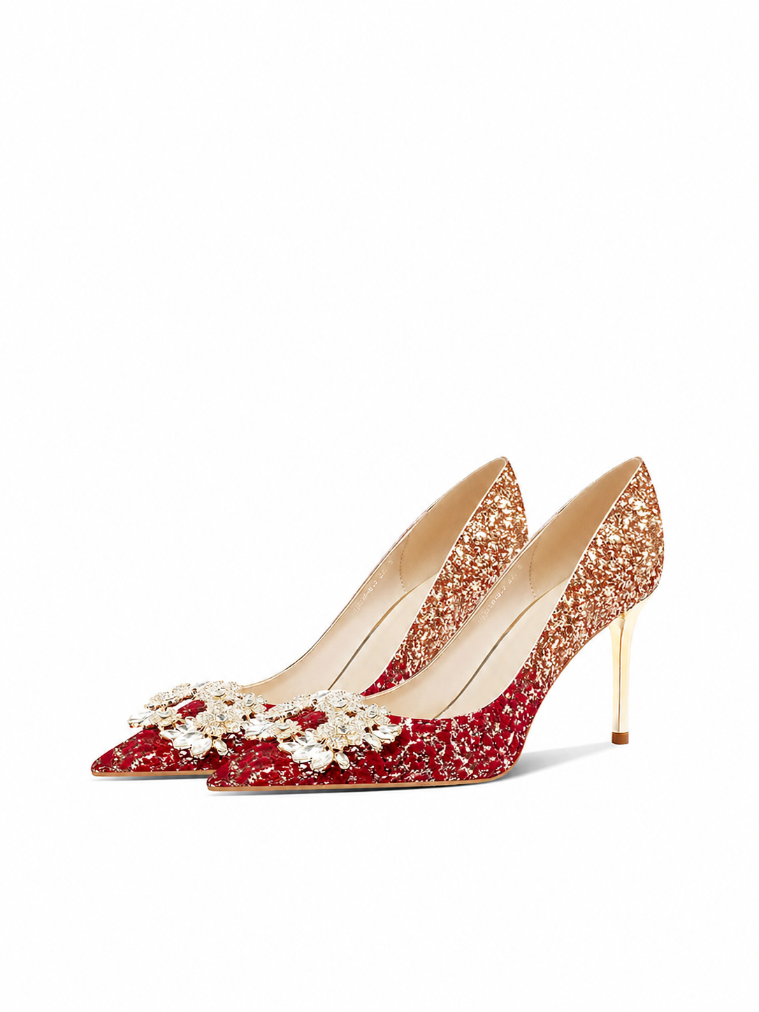 Complete chinese wedding heels set champagne gold red glitter gradient pointed toe stiletto pumps with 3d floral detail bridal shoes full length view