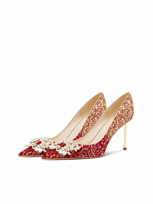 Complete chinese wedding heels set champagne gold red glitter gradient pointed toe stiletto pumps with 3d floral detail bridal shoes full length view