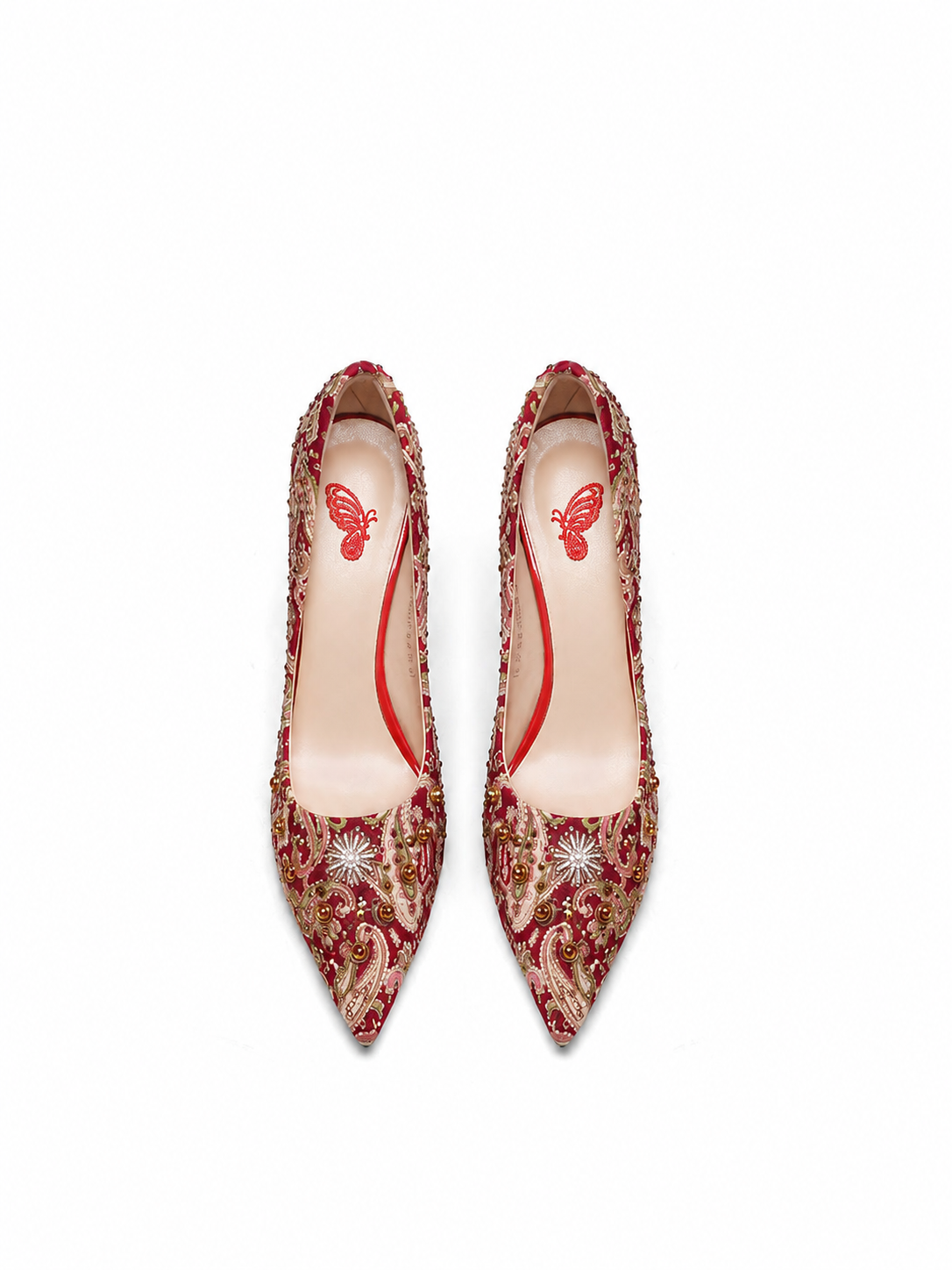 Complete chinese wedding heels set red brocade floral embroidered pointed toe stiletto pumps with pearl charm bridal shoes for cheongsam qipao full length view