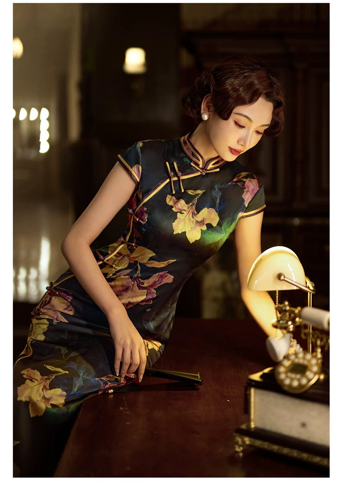 Complete dark silk cheongsam set gold floral embroidery qipao with mandarin collar full length view