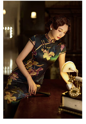 Complete dark silk cheongsam set gold floral embroidery qipao with mandarin collar full length view