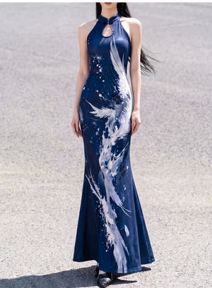 Complete deep sea phoenix feather set cut shoulder cheongsam knitted dress with slim fishtail skirt holiday versatile thin full length view