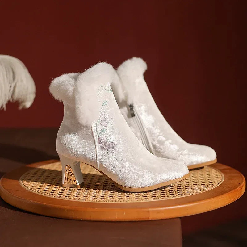 Complete embroidered block heel qipao boots set chic oriental short ankle boots for autumn winter full length view