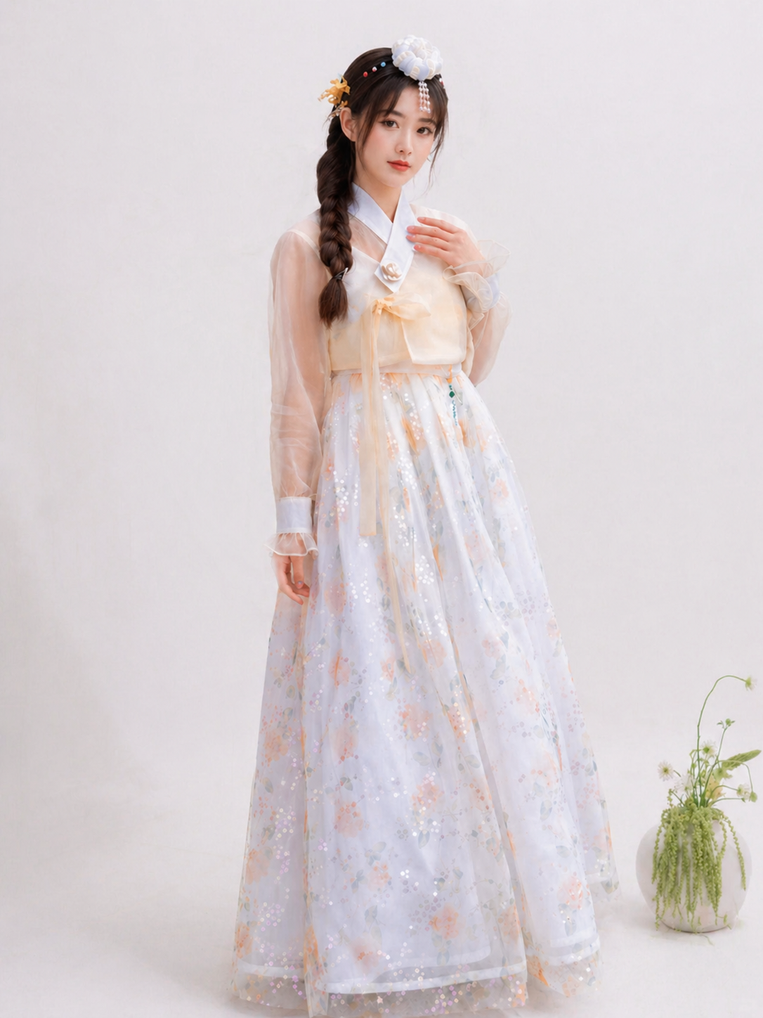 Complete embroidered lace korean court hanbok set ethereal women dress for dance performance and photography full length view