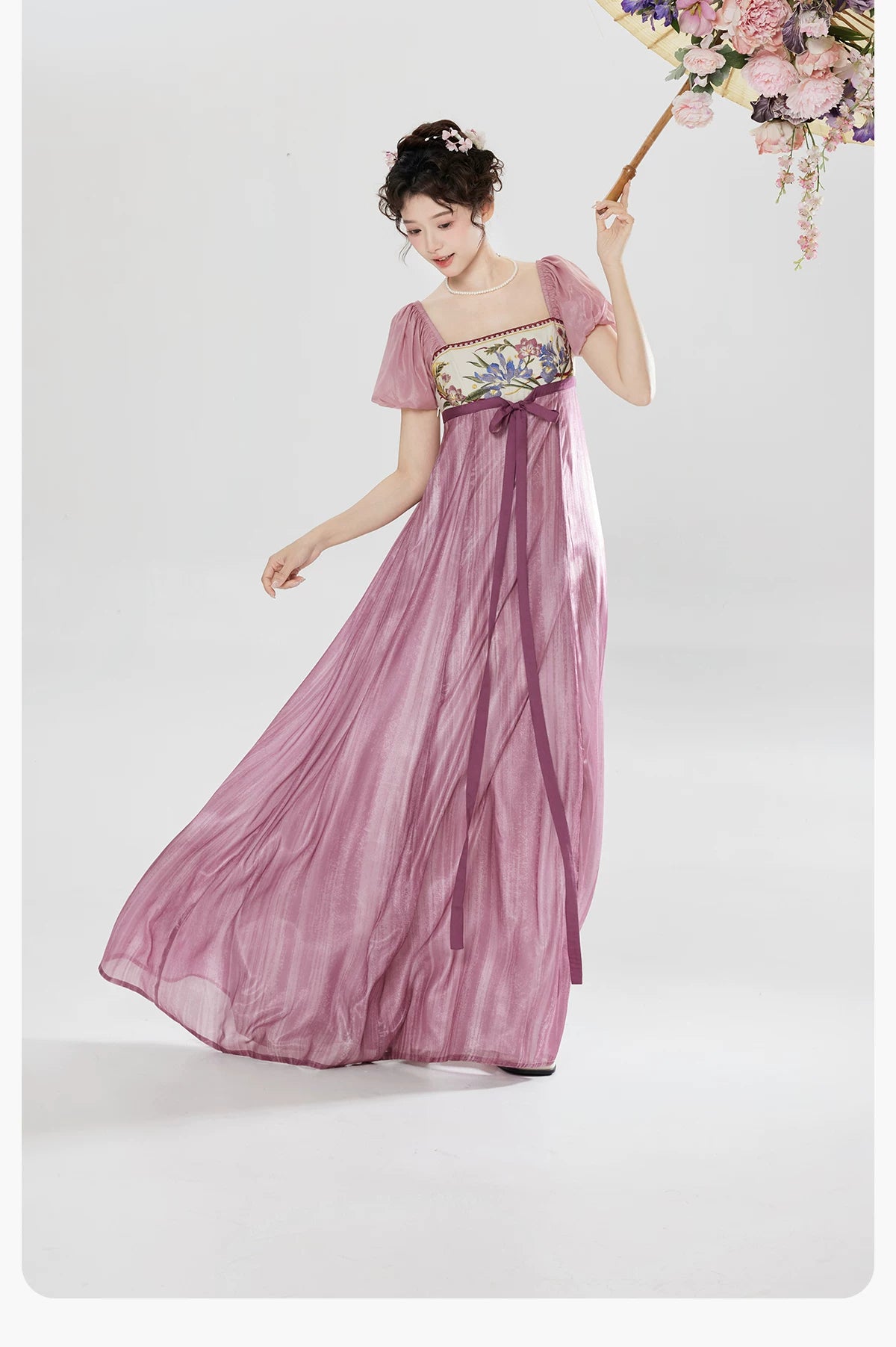  Complete entering the curtain spring national style set embroidered bubble sleeves long dress for early spring days full length view

