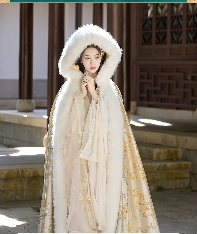 Complete gold winter fur cape set hanfu cloak thick warm elegant festive outerwear for women full length view