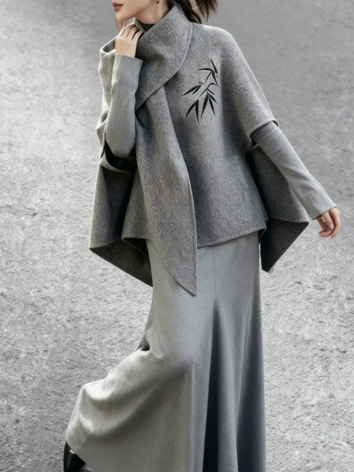 Complete grey wool cape set short cloak jacket with knit dress soft relaxed fit outfit full length view