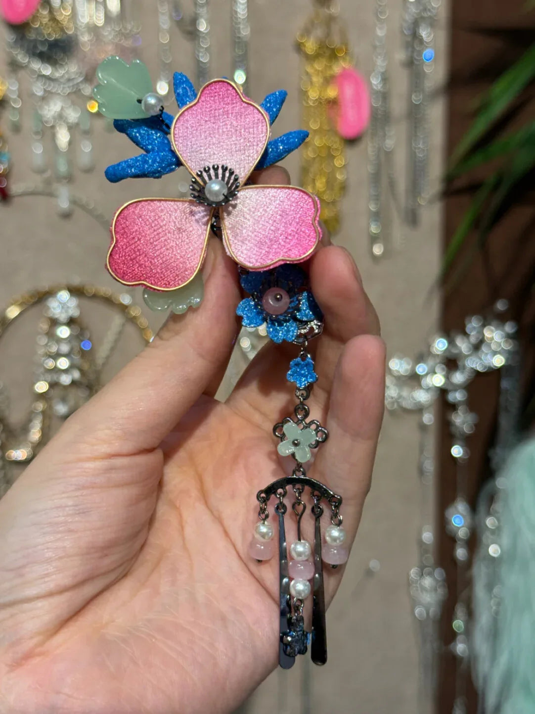 Complete handmade ethnic accessories set begonia pink artisan crafted hair jewelry for women full length view