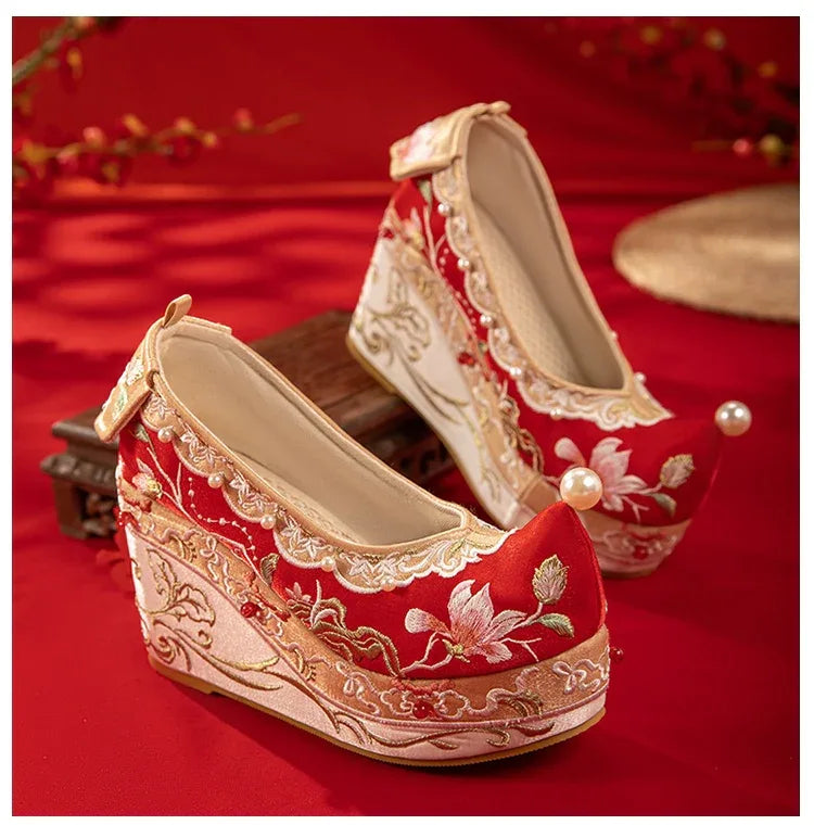 Complete hanfu embroidered heels set women song style qipao shoes with pearl detail 10cm lift full length view