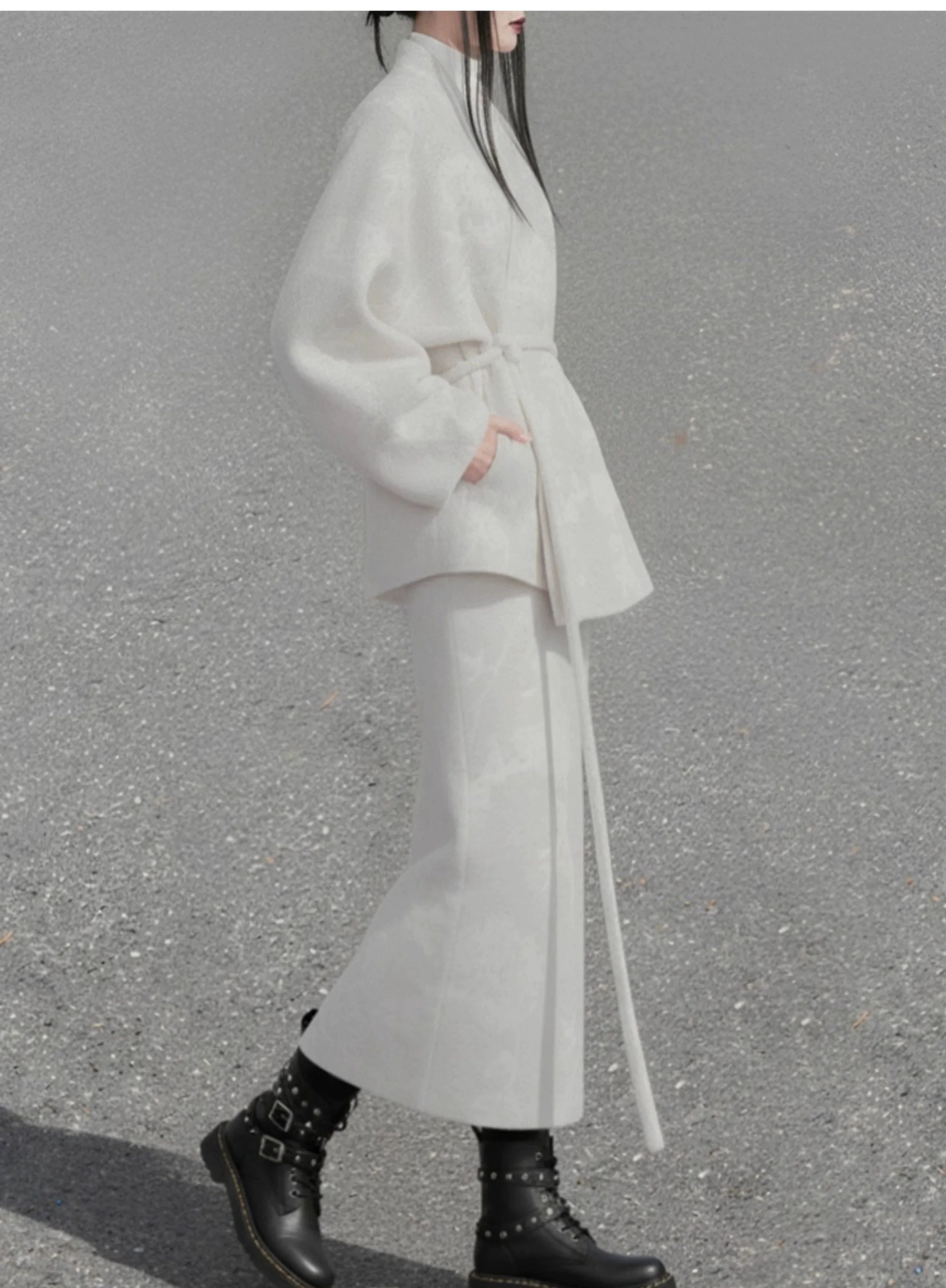 Complete hydrangea ivory new chinese set wool cross collar jacket straight skirt soft elegant outfit full length view