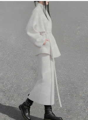 Complete hydrangea ivory new chinese set wool cross collar jacket straight skirt soft elegant outfit full length view