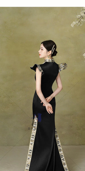 Complete improved new chinese set high end atmospheric national style trailing catwalk cheongsam runway performance dress full length view