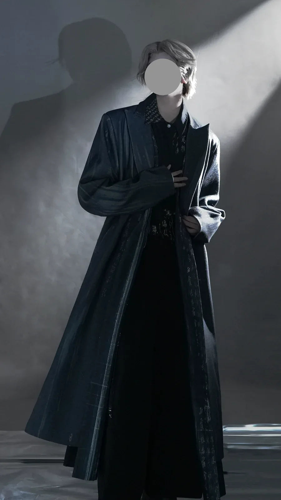 Complete ink rhythm unisex set new chinese wool coat with calligraphy inspired ink wash design full length view