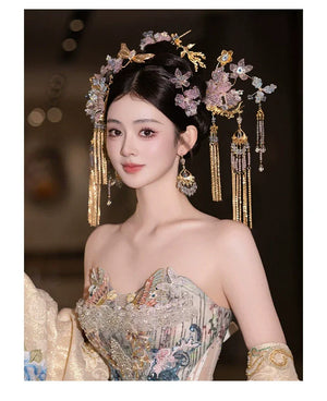 Complete light toned chinese bridal set floral headpiece for hanfu qipao wedding style full length view
