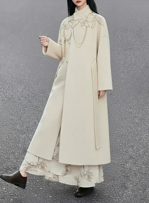 Complete lily whisper white coat set ivory embroidered warm high neck long outerwear for everyday elegance full length view